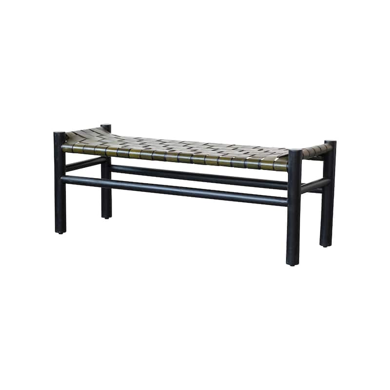 Woven Mango Wood and Buffalo Leather Bench - 39.5"L x 15.0"W x 18.0"H