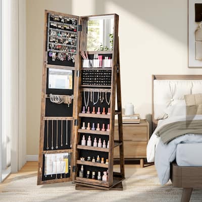 360 Degree Rotating Jewelry Armoire with Full Length Mirror Lockable Cabinet and Storage Shelves Organizer - 17" x 15" x 62.5"