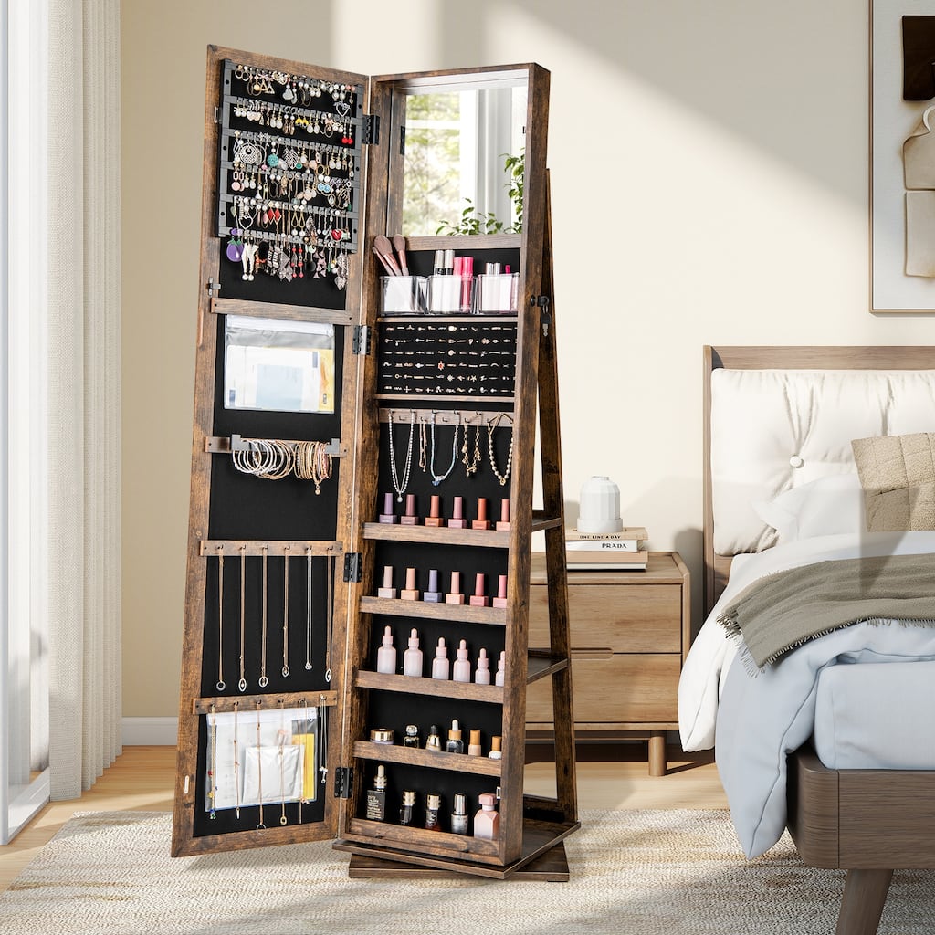 360 Degree Rotating Jewelry Armoire with Full Length Mirror Lockable Cabinet and Storage Shelves Organizer - 17" x 15" x 62.5"