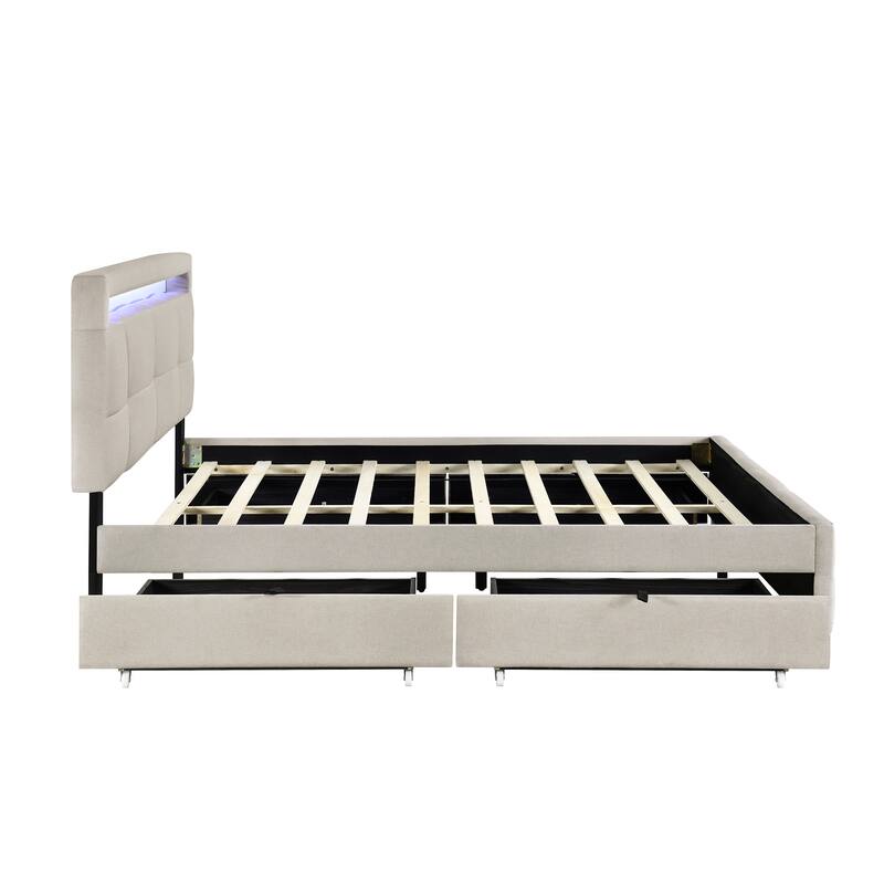 Upholstered Platform Bed with LED Frame and Drawers