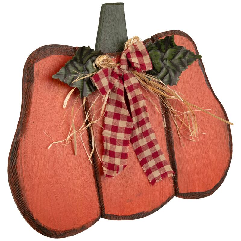 Wooden Pumpkin Fall Harvest Decoration with Bow and Leaves - 15.25"