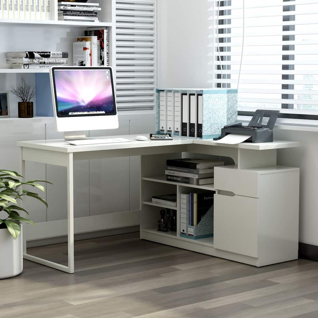 L Shaped Desk 55" Corner Computer Desk Modern White Workstation Home Office