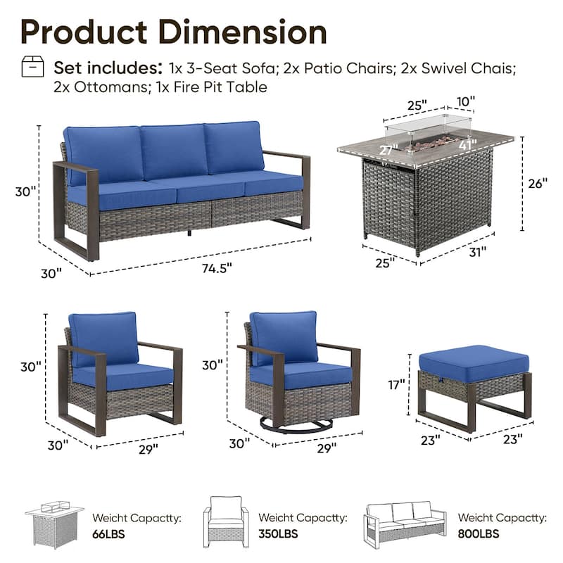 Pocassy 8 Pieces Outdoor Sofa Chair Ottoman with Fire Pit Table Set