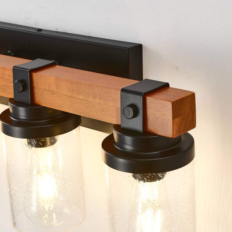 4-Light -Matte Black And Wooden Wall Lamps With Glass Lamp Shade (No Bulbs) For Dinning Room Hallway Bedroom