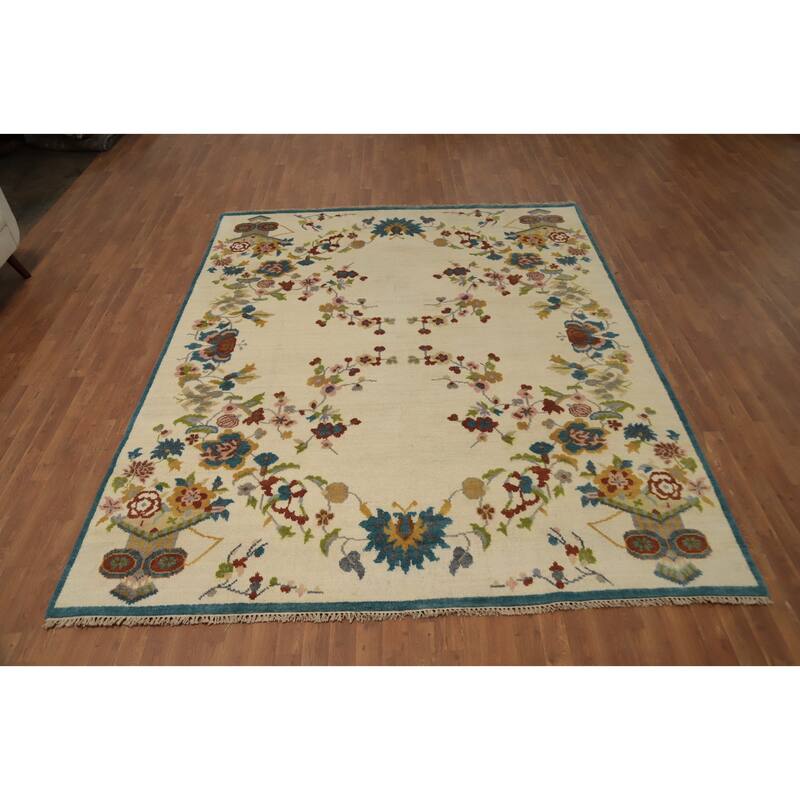 Hand Knotted Oriental 100% Wool Carpet Traditional Floral Beige & Ivories Art Deco Area Rug - 9' 7'' X 7' 10''