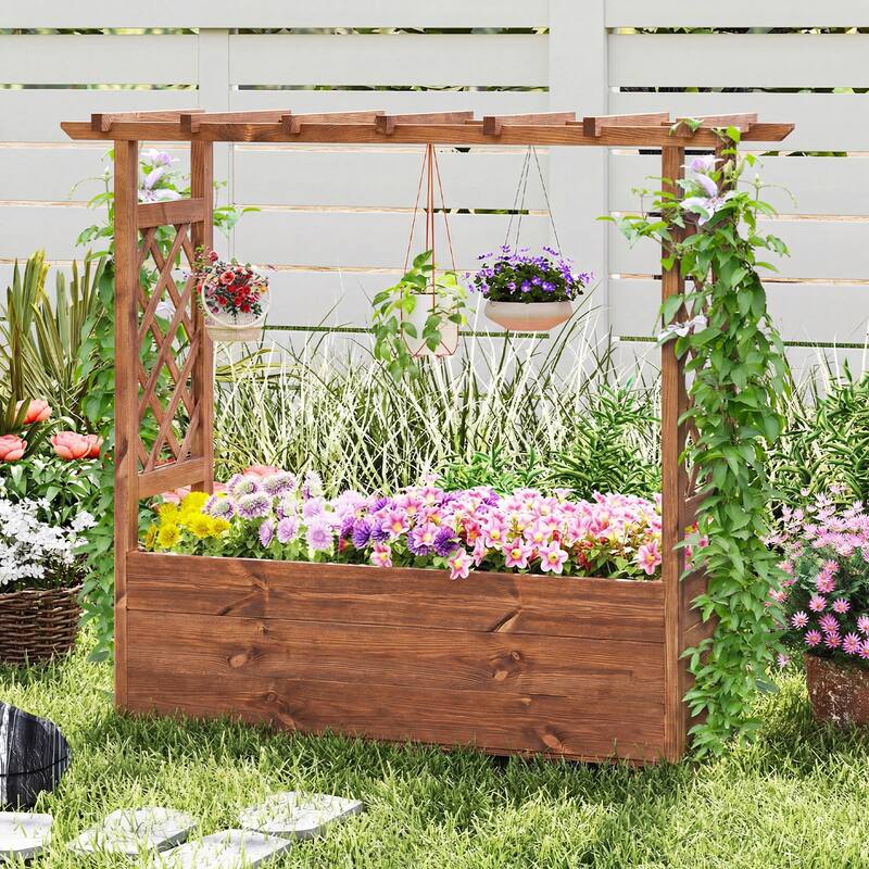 Gymax 2PCS Wooden Raised Garden Bed/ Lattice Trellises Hanging Roof
