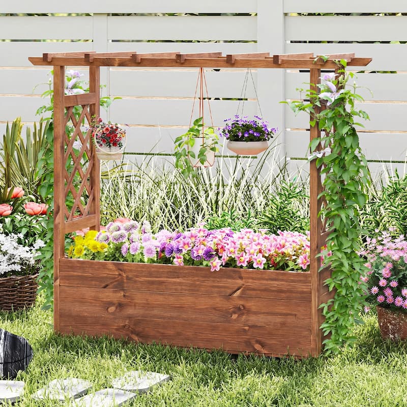 Gymax Wooden Raised Garden Bed/ Lattice Trellises Hanging Roof