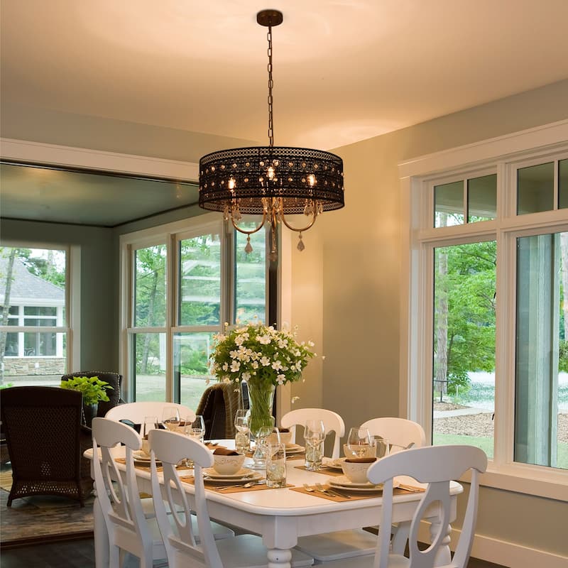 4-Light Elegant Black Lace - Trimmed Crystal Chandelier with Gold - Tone Hardware for Home Decoration - Matte Black