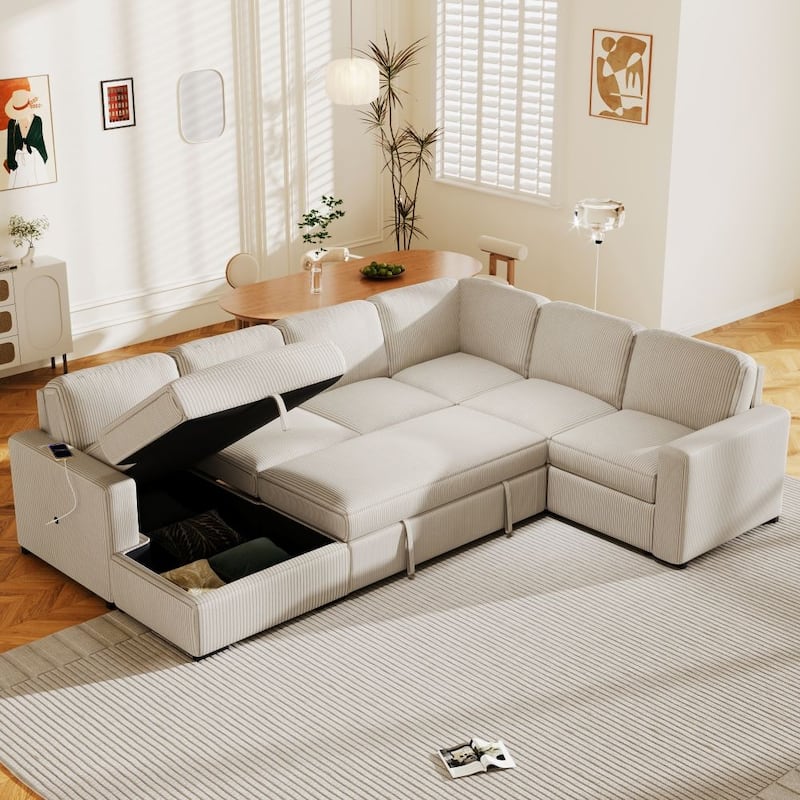 U-shaped Corduroy Combination Corner Sofa with Storage Lounge Chair