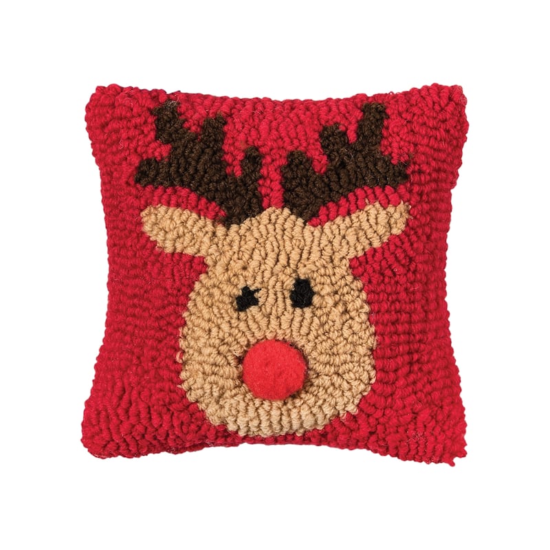 Reindeer Games with Red Nose Petite Hooked Accent Pillow, 8" x 8"