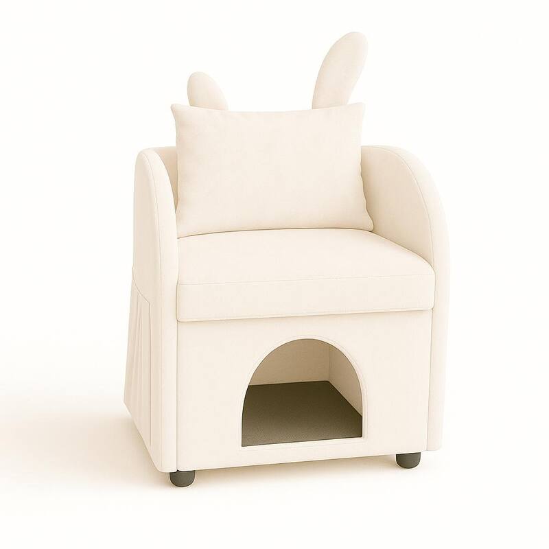 Velvet Bunny-Ear Pet-Friendly Armchair with Built-in Cat & Dog Hideaway, Plush Dual-Use Sofa Chair