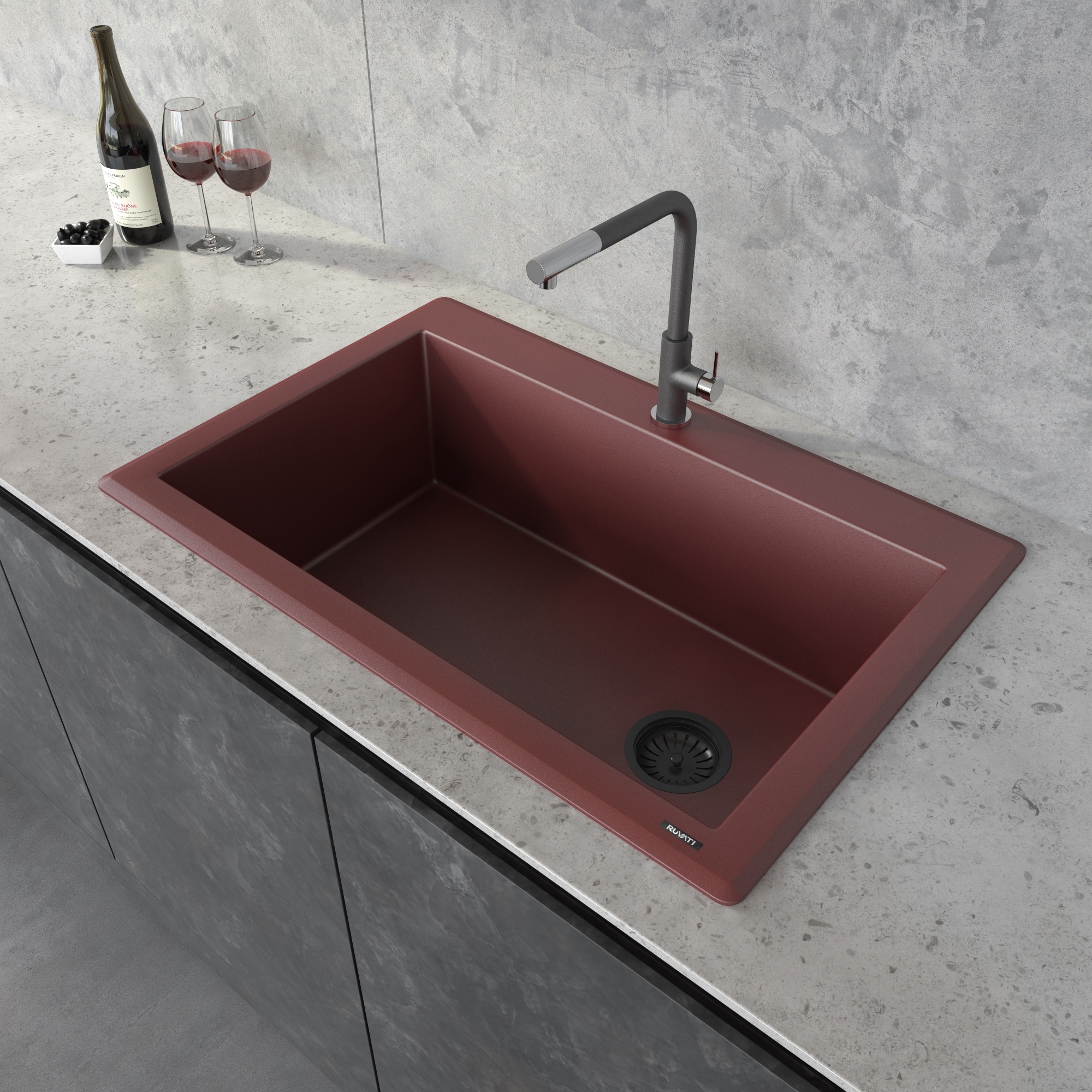 Ruvati 33 x 22 inch Granite Composite Quartz Drop-in Topmount Single Bowl Kitchen Sink - Carnelian Red - RVG1033RD