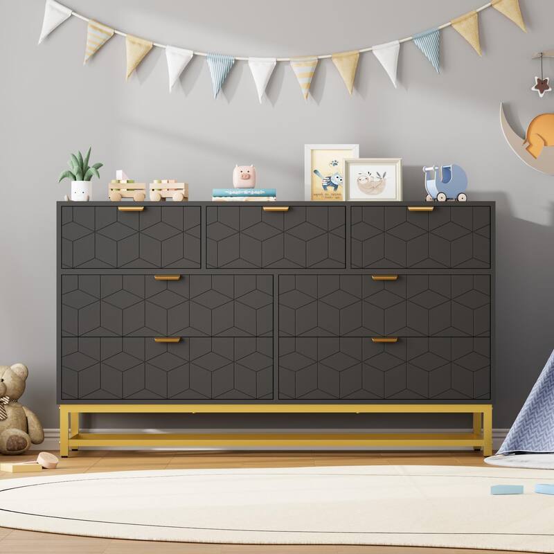 53.5" Wide 7-Drawer Dresser with Gold Metal Handles & Legs, Modern Storage Organizer for Bedroom or Hallway