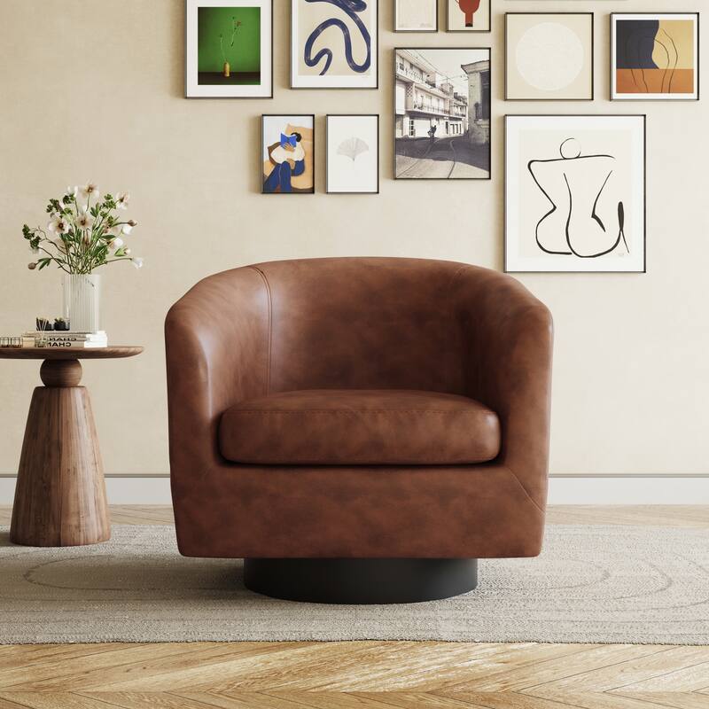 Modern 360°Swivel Accent Chairs Barrel Armchairs - Large: 31.1"W x 29.13"D x 29.13"H - PU Leather-Coffee-Large