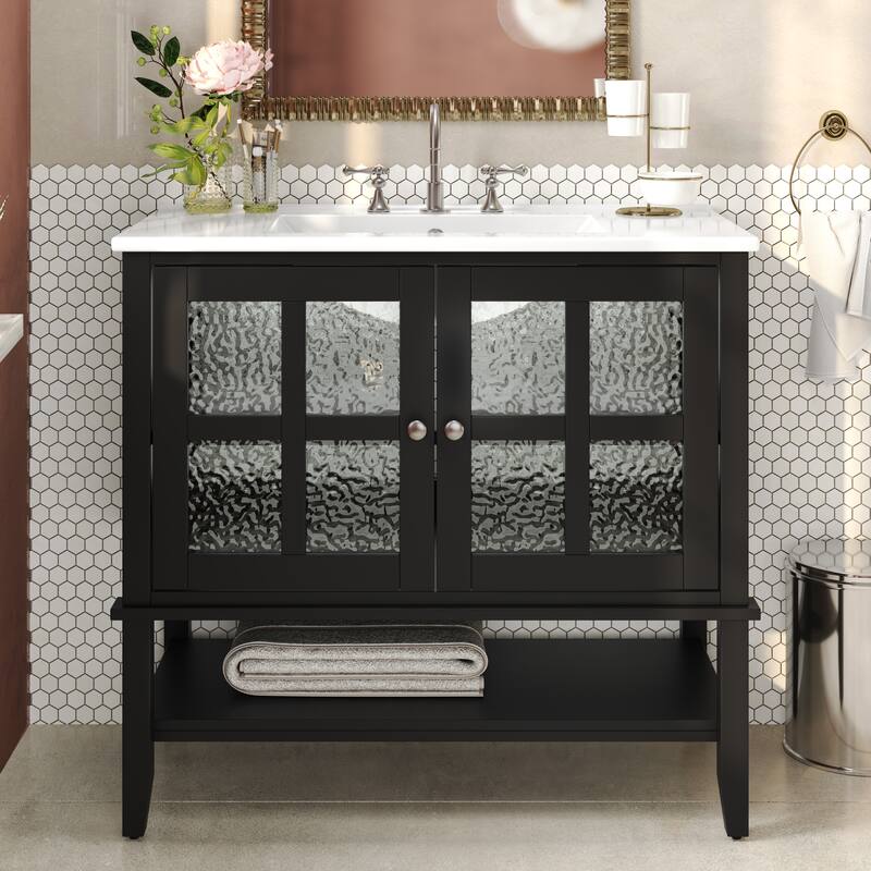 36" Storage Cabinet for Bathroom Vanity with Sink, Textured Glass Doors, Open Shelf, Silver Metal Knobs and Adjustable Shelf - Black
