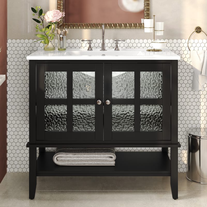 Roomfitters 36" Contemporary Bathroom Vanity with Ceramic Sink, Textured Glass Doors, Adjustable Shelf and Open Storage
