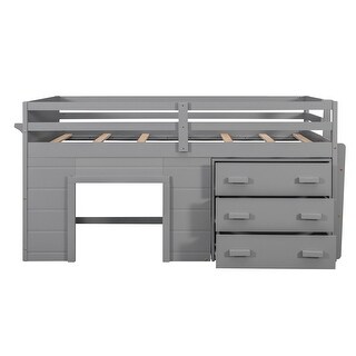 Twin Size Loft Bed With Cabinet And Shelf - Gray