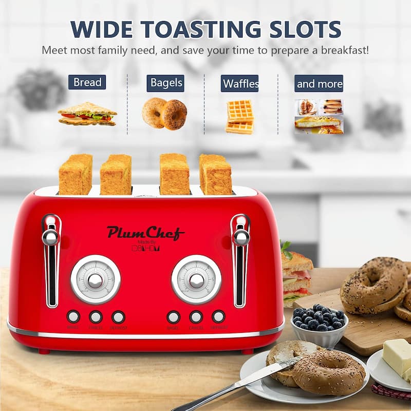 4-Slice Retro Style Toaster, Dual Control with Warming Rack, 6 Browning Settings, Bagel/Defrost Functions