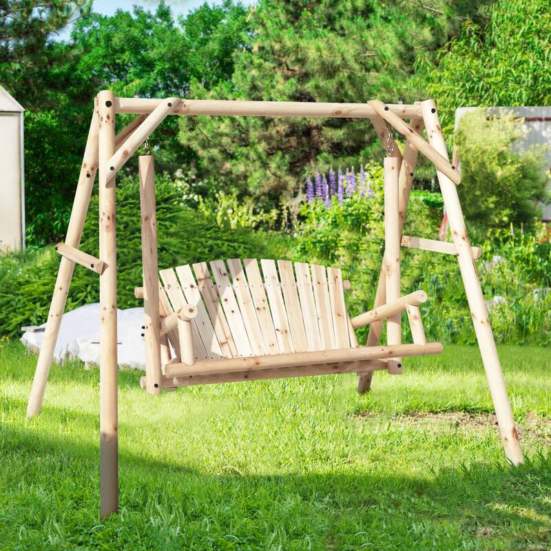 VEIKOUS 2-Person Carbonized Fir Wood Patio Porch Swing with A-Frame Stand, 4.4FT - Natural