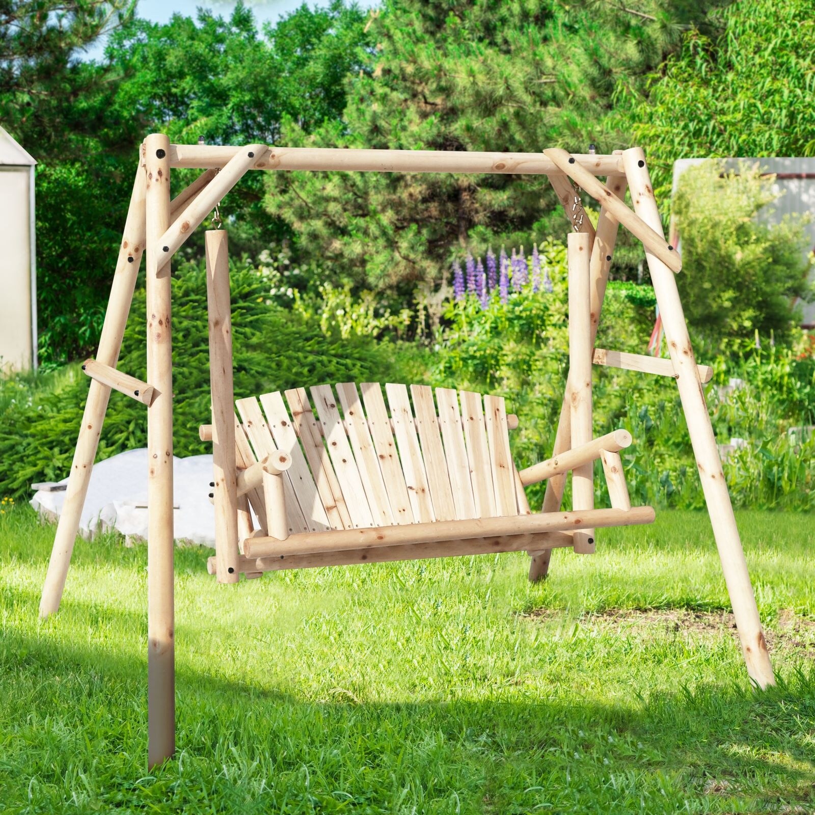 VEIKOUS 2 Person Carbonized Fir Wood Patio Porch Swing with A Frame Stand 4.4FT Natural