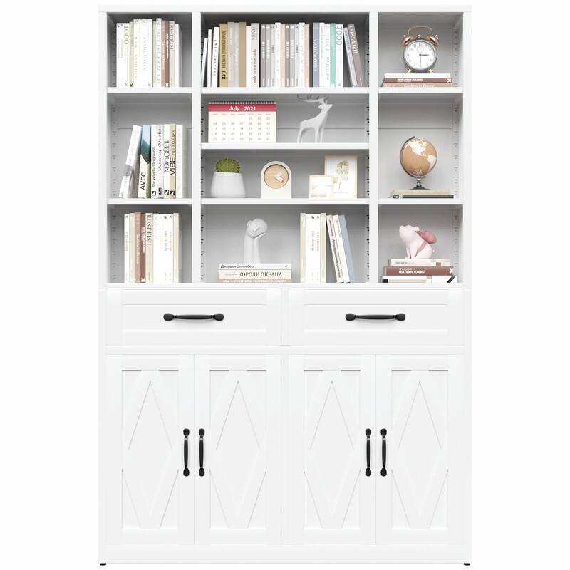 71" Tall Bookcase with Doors, Drawers and Adjustable Open Shelves