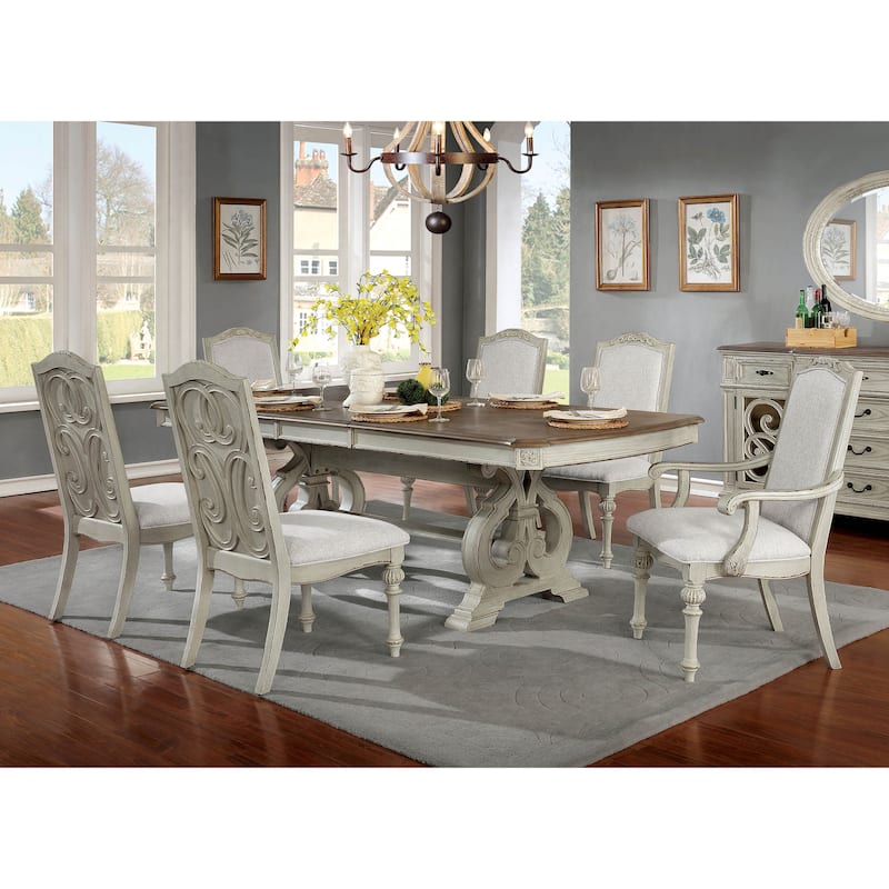 Pann Farmhouse White Solid Wood 7-Piece Expandable Dining Table Set by Furniture of America - Antique White