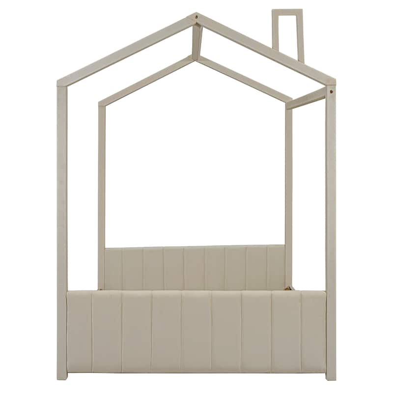 Full Size Modern Canopy Bed - Striped Headboard Design with Roof, Solid Pinewood Frame
