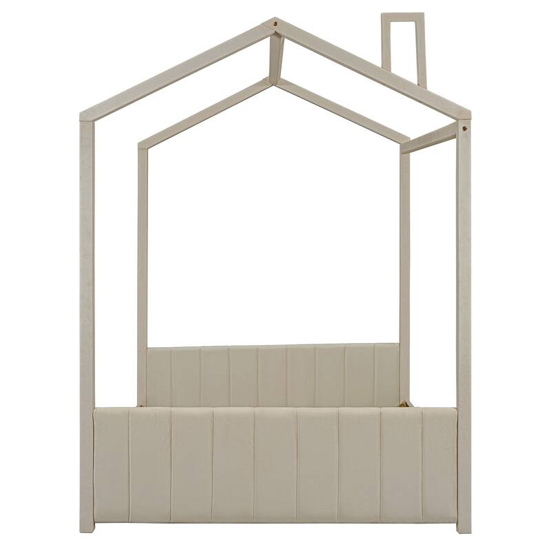 Modern Velvet Upholstered Playhouse Bed Frame with Wooden Slat Support
