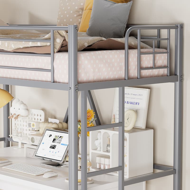 Twin Kids Loft Metal Bed with Reversible Stairs 400lb Capacity Space Saving Under Bed Study Play Area