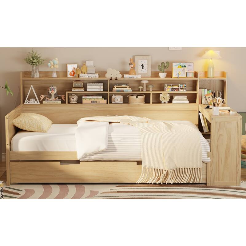 Wooden Twin Size Daybed with Storage Shelves, Multi-functional Bed with Twin Size Trundle Bed and Study Desk, Natural