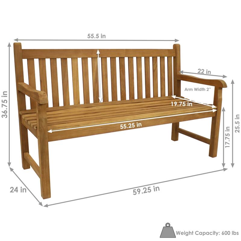 Teak Outdoor Patio Garden Bench - Mission Style - 2-Person - 59-Inch