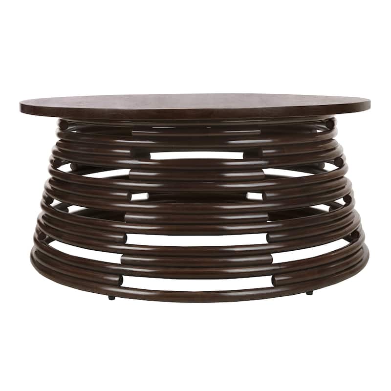 NPD Furniture Zeke Rattan Round Coffee or Side Table with Solid Wood Top - Espresso Brown - Coffee Table