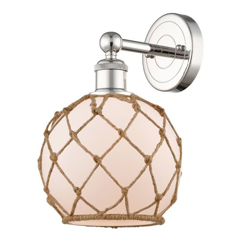 Innovations Lighting 616-1W-13-8 Farmhouse Rope Sconce Farmhouse Rope - Polished Nickel / White Glass with Brown Rope
