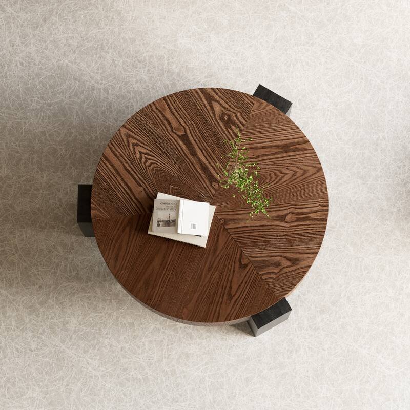 33" Round Coffee Table with Hidden Storage, Parquet Veneer Top Table, 3 Block Legs Sturdy Center Accent Table for Living Room