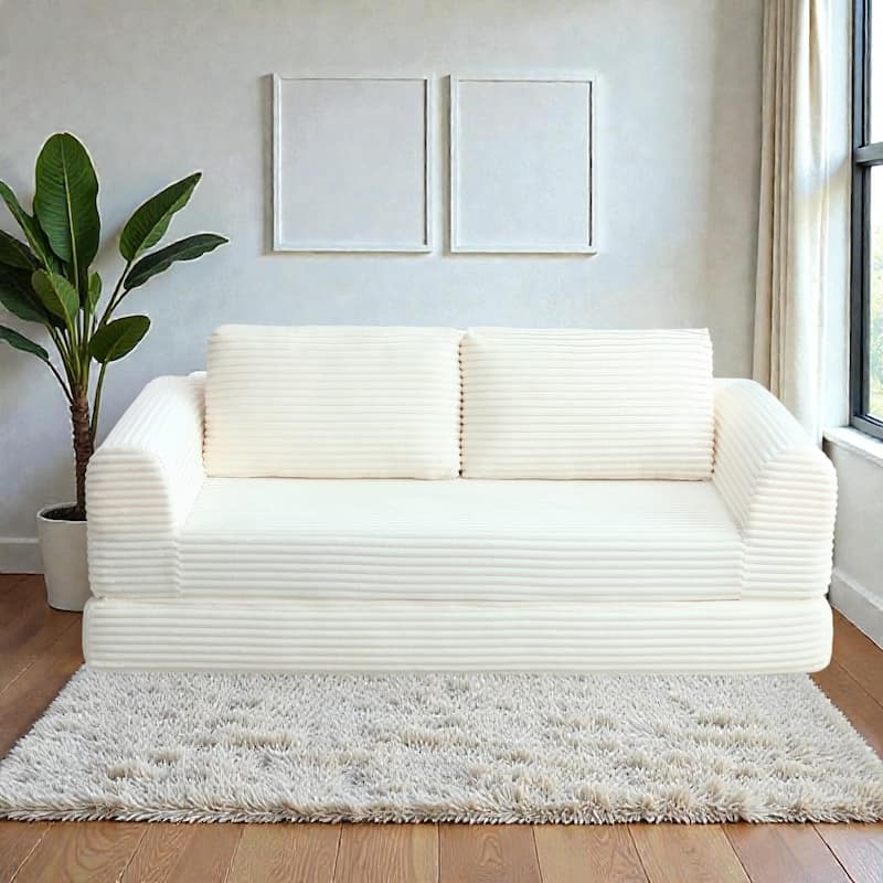 2 in 1 Folding Sofa Bed, Corduroy Convertible Sleeper Couch with Pillows, Boneless Futon Floor Sofa