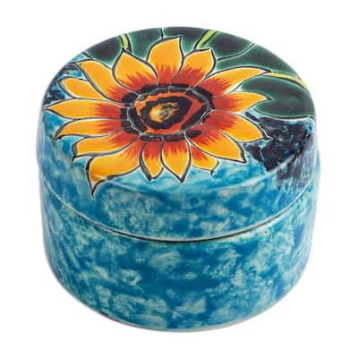 Novica Handmade Brilliant Sunflower Ceramic Jewelry Box