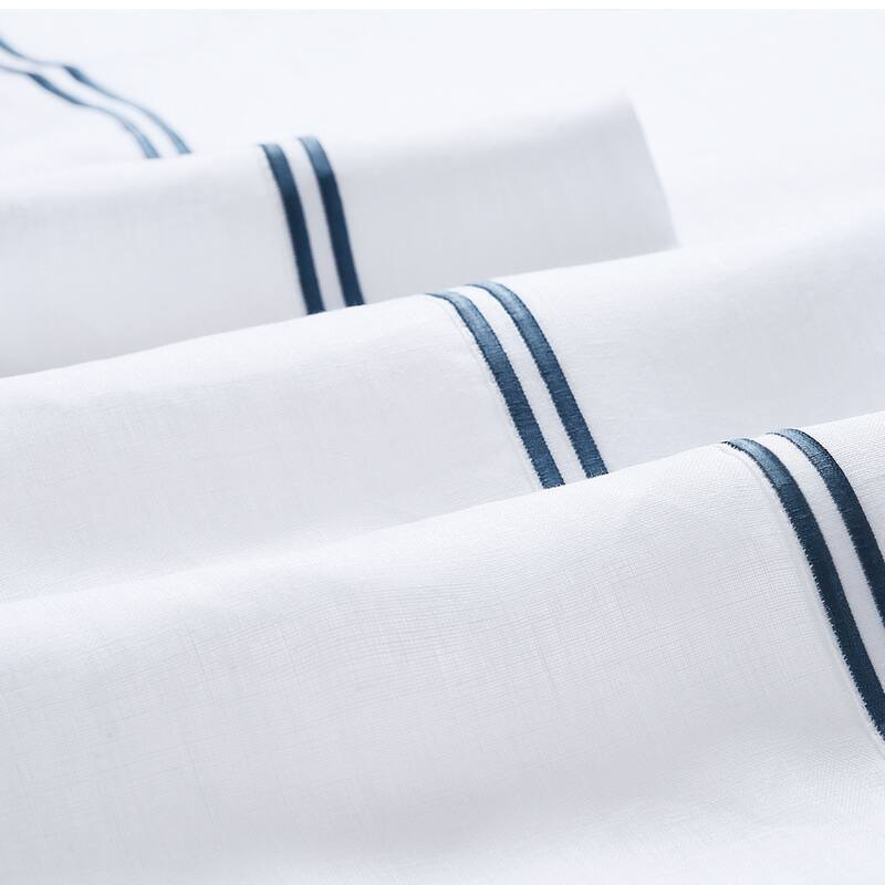 Belgian Flax Linen Collection 2 Stripe Embroidery Bed Sheet Set
