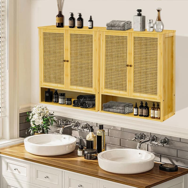 Bamboo Wall Mounted Cabinet Hanging Storage Cabinet with 3 Shelves - Wood