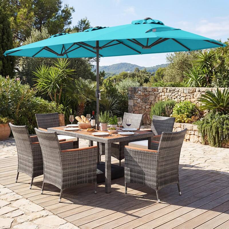 Gymax 8-Piece Patio Dining Set w/ Double-Sided Market Umbrella Acacia