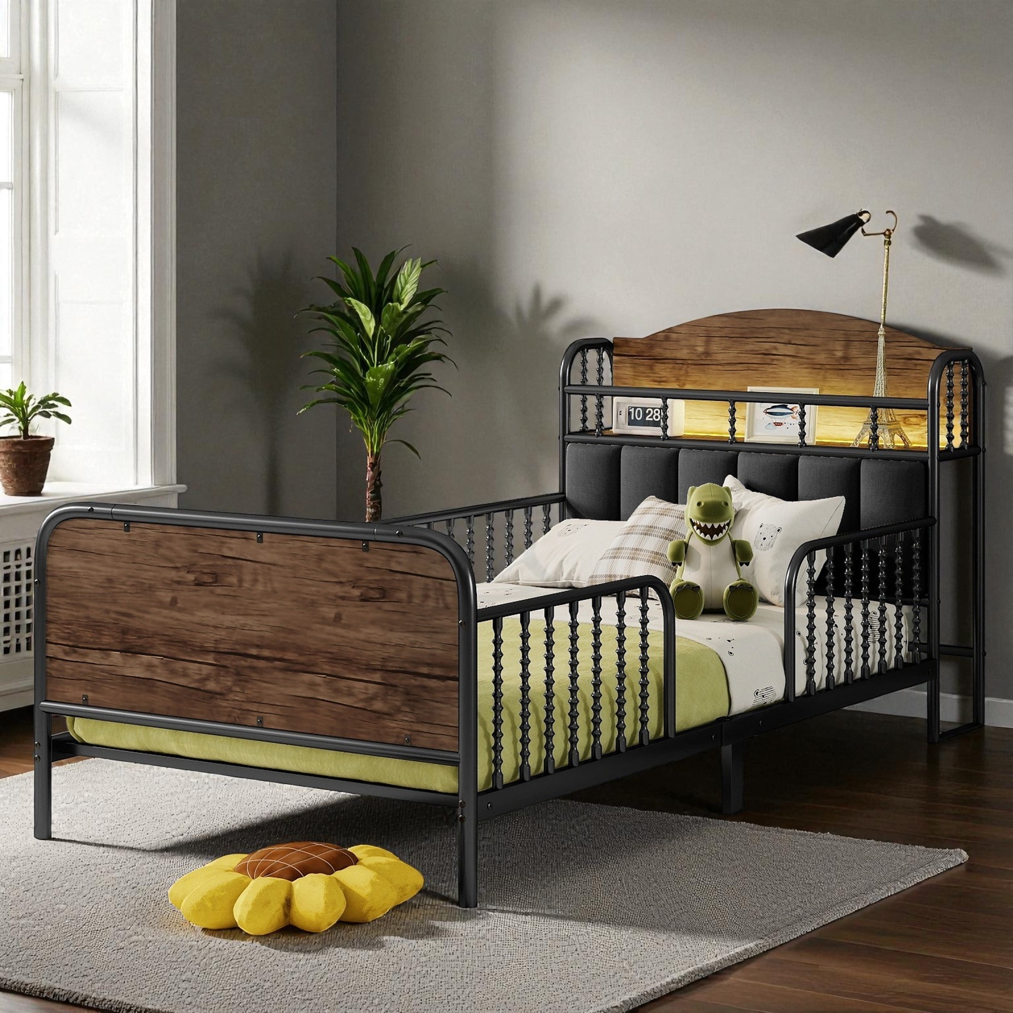 Twin/Full Size Metal Platform Bed with LED Lights and Upholstered Headboard, Kids Bed Frame with Storage Shelf