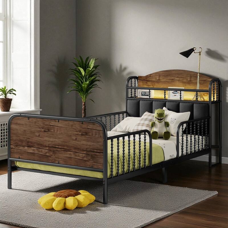 Twin/Full Size Metal Platform Bed with LED Lights and Upholstered Headboard, Kids Bed Frame with Storage Shelf - Black - Twin