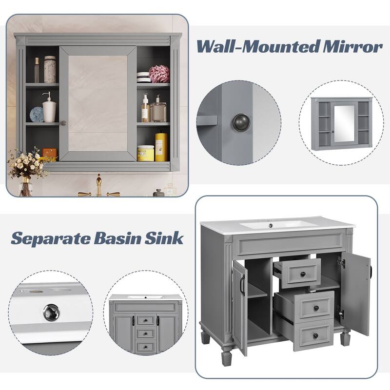 36'' Bathroom Vanity with Top Sink, Freestanding Vanity Set with Mirror Cabinet