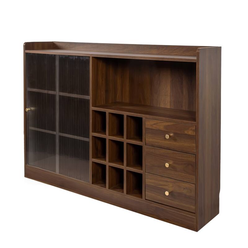 Roomfitters Walnut Sideboard with Sliding Striped Glass Doors, 9-Bottle Wine Rack & Freestanding Storage Cabinet