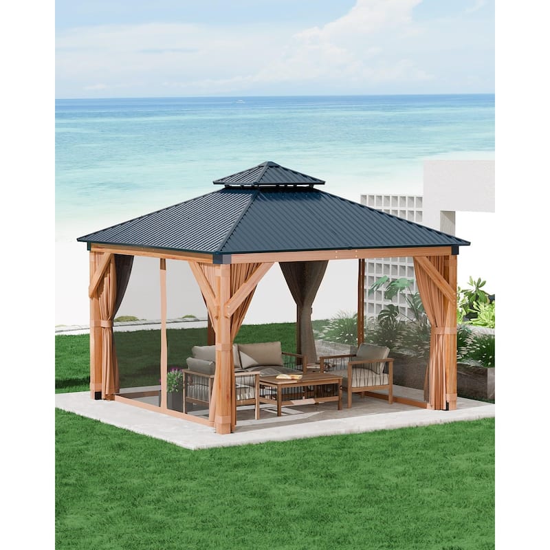Hardtop Wood Gazebo 10'x10',10'x12',12'x12' ,12'x16',12'x20' for All Weather - Brown_10'*12'