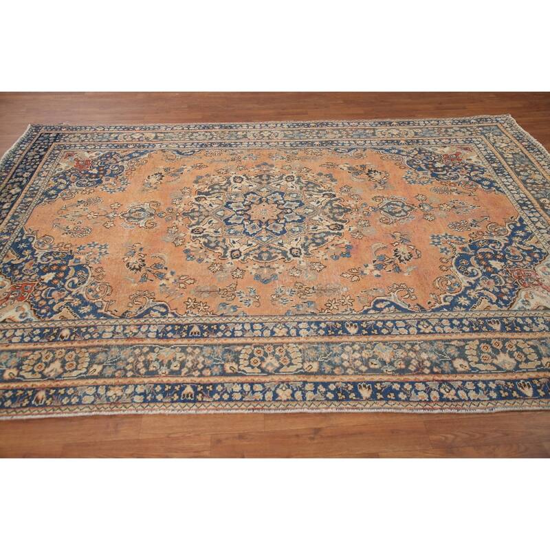 Hand Knotted Oriental 100% Wool Carpet Traditional Medallion Oranges & Rust Mashad Area Rug - 9' 4'' X 6' 4''