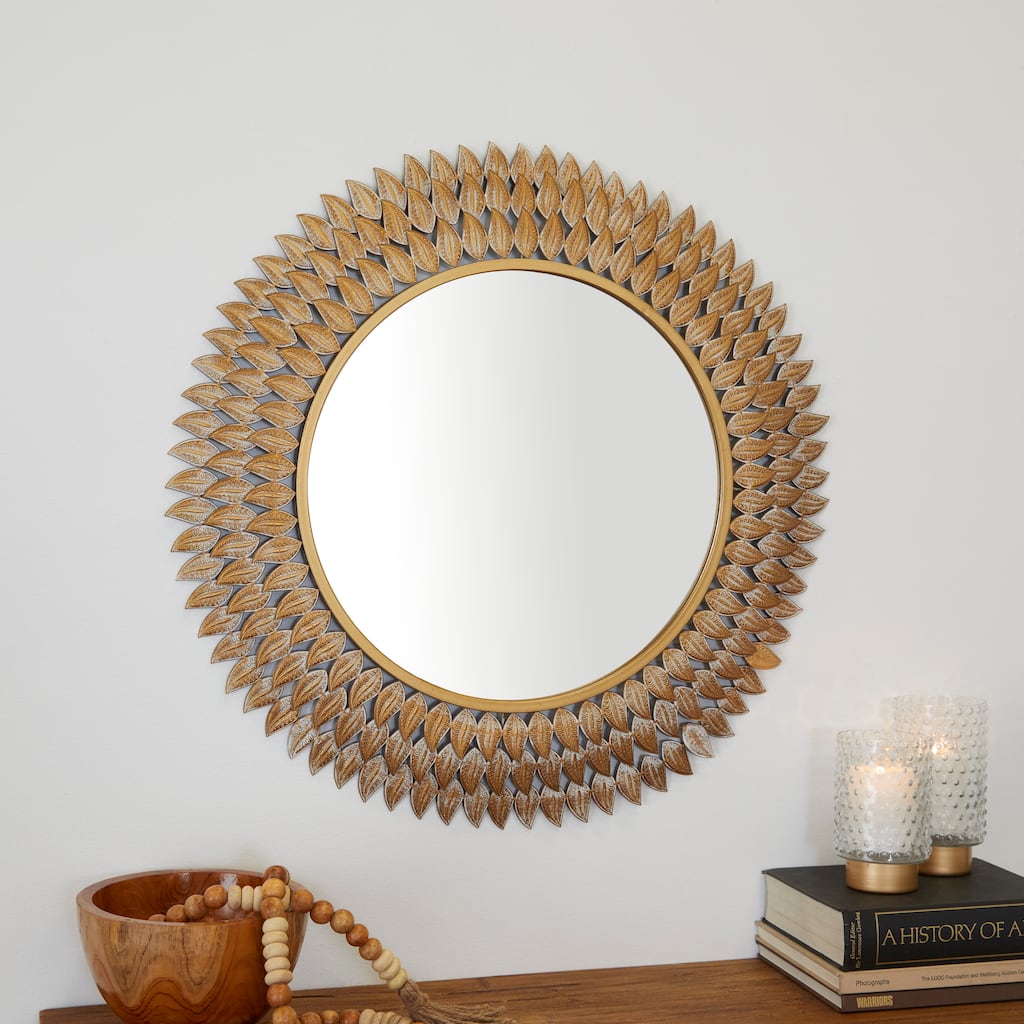 Gold Metal Radial Leaf Room Wall Mirror - 32"W, 32"H