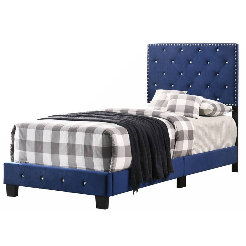 Navy Blue Velvet Platform Bed with Nailhead Trim, Twin Size Bed Bath