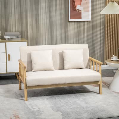 Beige Two Seater Sofa with Linen Feel Polyester Fabric Rubberwood Frame Cushions and Pillows - 48.5" W x 27.25" D x 29.25" H