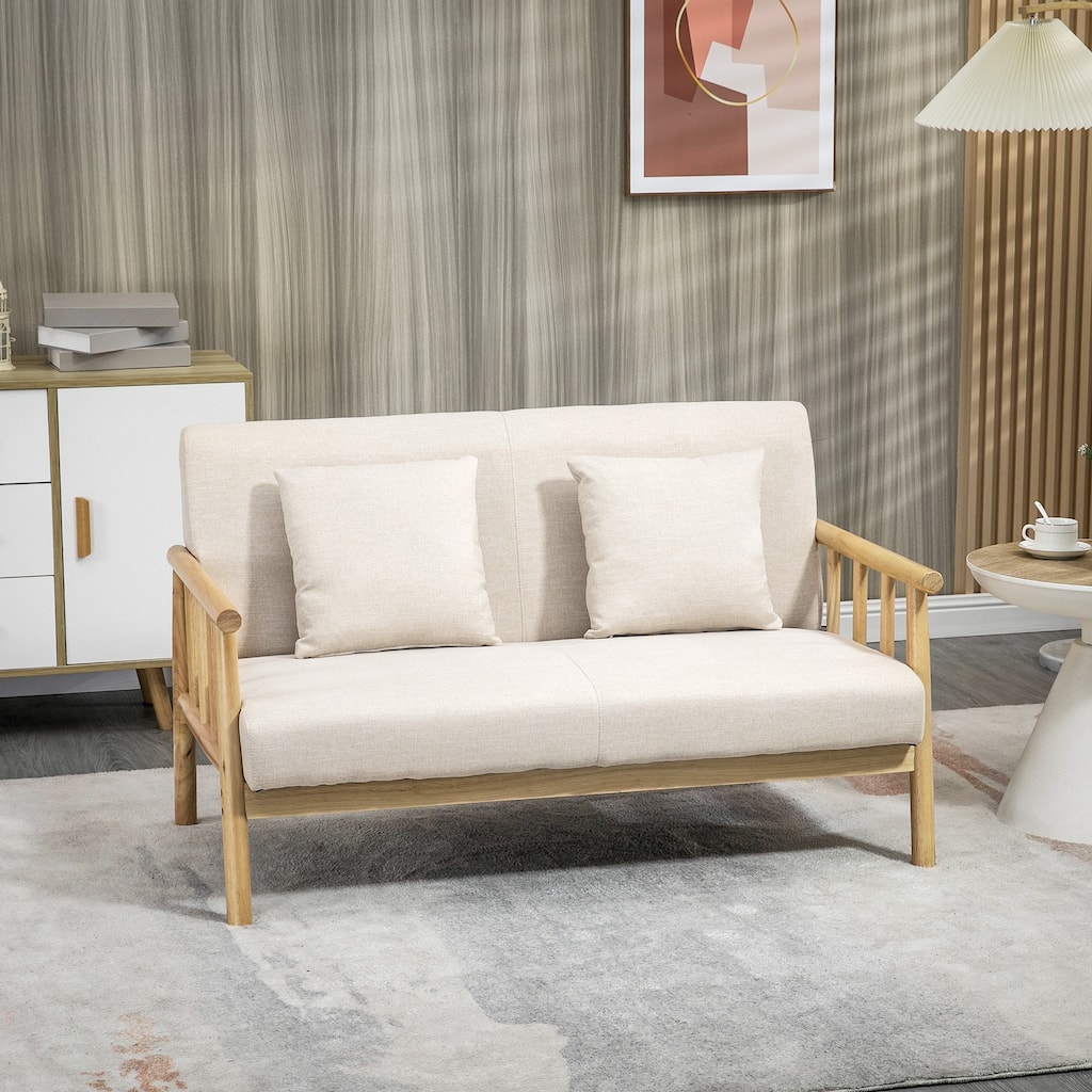Beige Two Seater Sofa with Linen Feel Polyester Fabric Rubberwood Frame Cushions and Pillows - 48.5" W x 27.25" D x 29.25" H