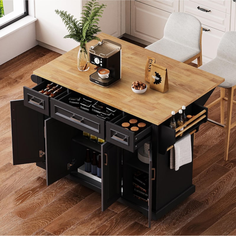 54" Large Rolling Kitchen Island with Rubber Wood Drop Leaf - Embossed Texture Storage Cart with 4 Doors & 3 Drawers for Kitchen - Black